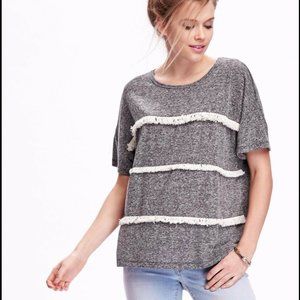 NWT Old Navy Linen Blend Fringe Gray Top, Women’s Tee Size Large !